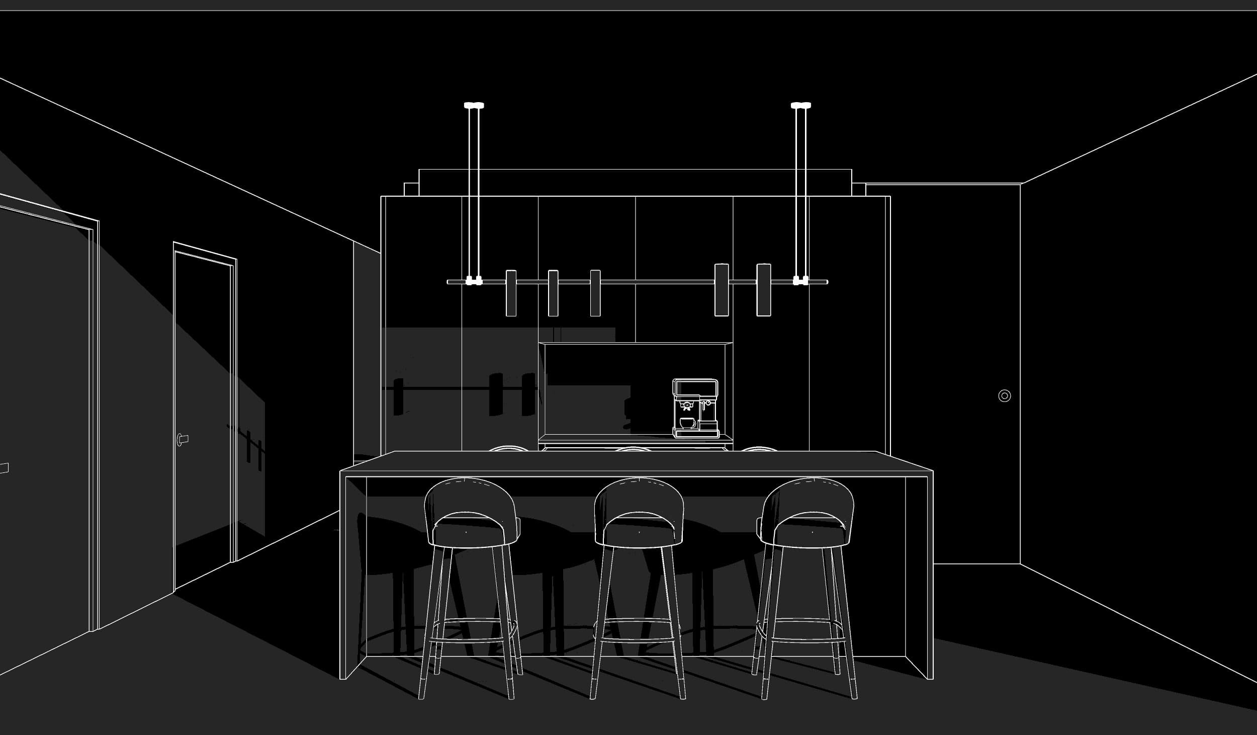 Kitchen drawn as a CAD line drawing